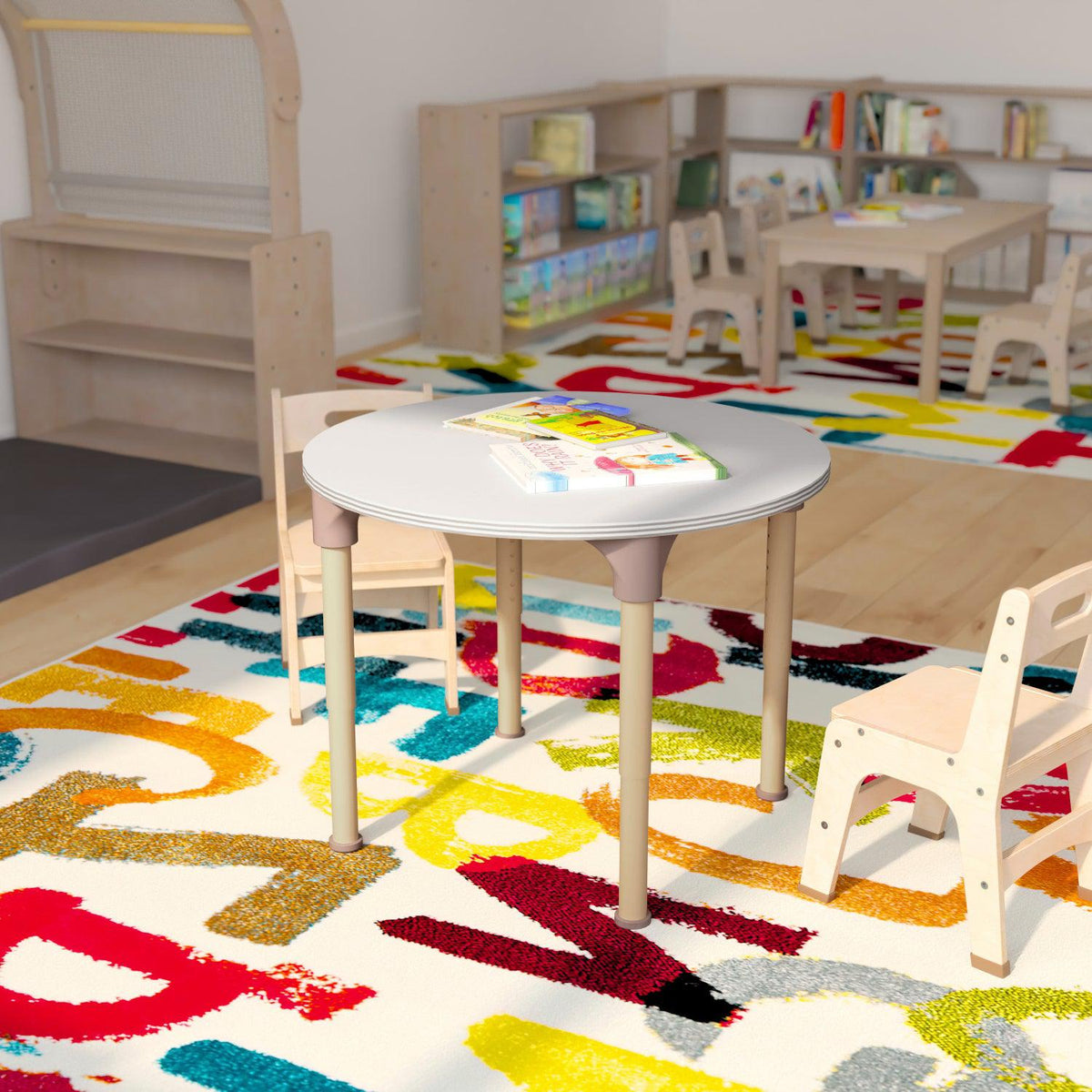 Bright Beginnings 33" Round Commercial Grade Wooden Adjustable Height Classroom Activity Table, 15"H - 23"H, Beech/White