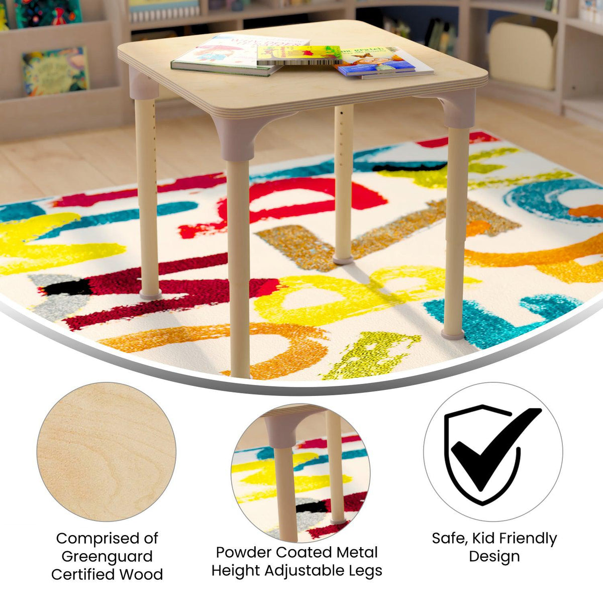 Bright Beginnings 24" Square Commercial Grade Wooden Adjustable Height Classroom Activity Table, 15"H - 23"H, Beech