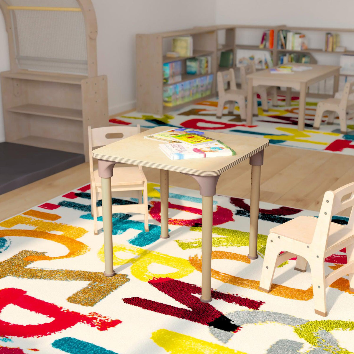 Bright Beginnings 24" Square Commercial Grade Wooden Adjustable Height Classroom Activity Table, 15"H - 23"H, Beech