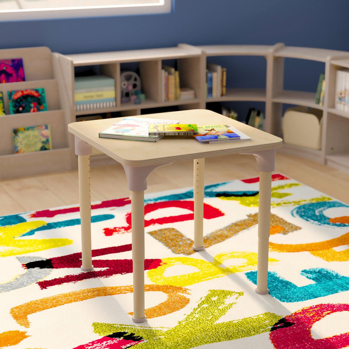 Bright Beginnings 24" Square Commercial Grade Wooden Adjustable Height Classroom Activity Table, 15"H - 23"H, Beech