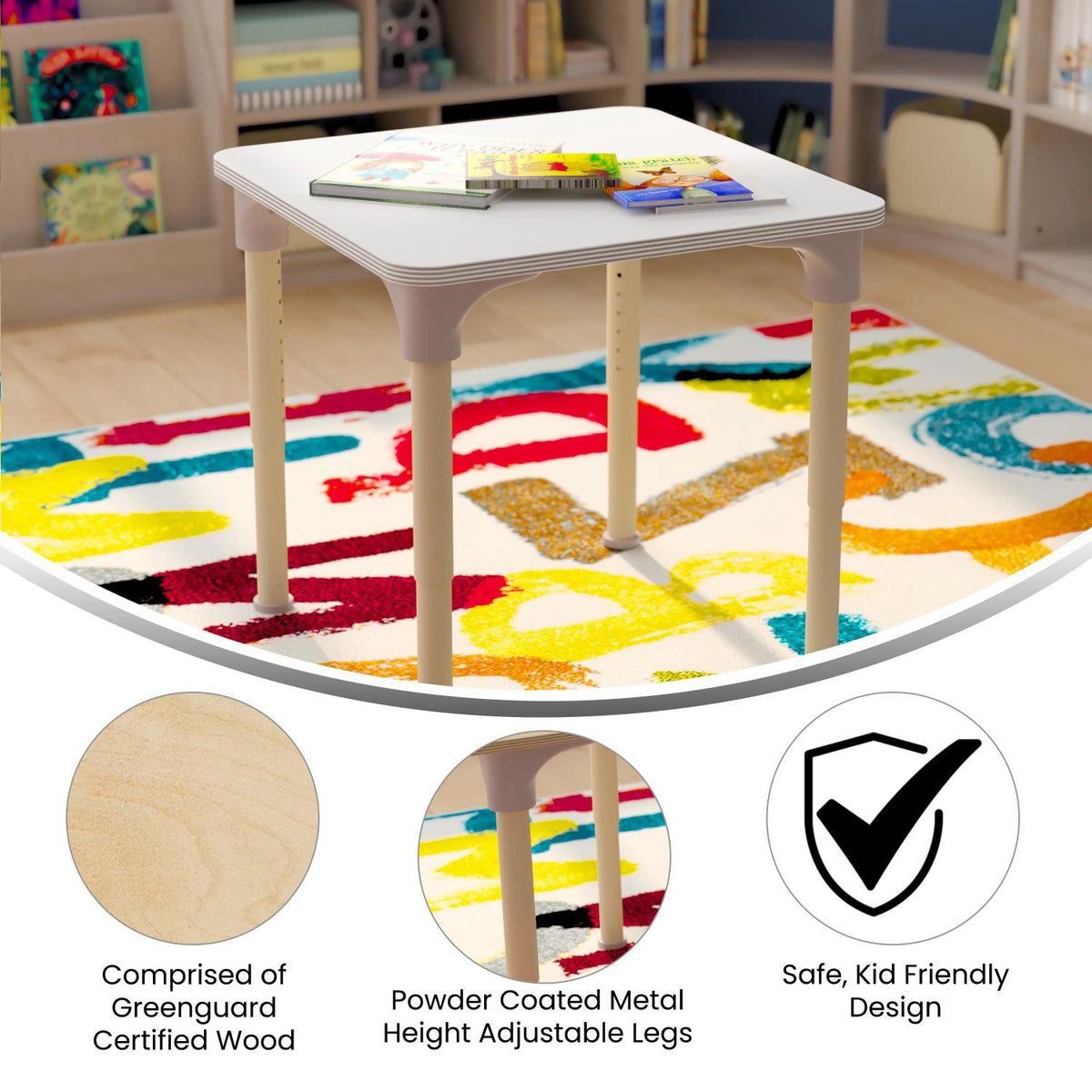 Bright Beginnings 24" Square Commercial Grade Wooden Adjustable Height Classroom Activity Table, 15"H - 23"H, Beech/White