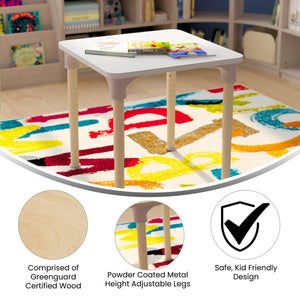 Bright Beginnings 24" Square Commercial Grade Wooden Adjustable Height Classroom Activity Table, 15"H - 23"H, Beech/White
