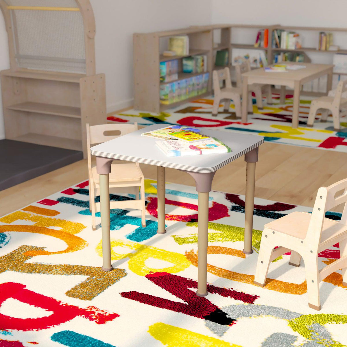 Bright Beginnings 24" Square Commercial Grade Wooden Adjustable Height Classroom Activity Table, 15"H - 23"H, Beech/White