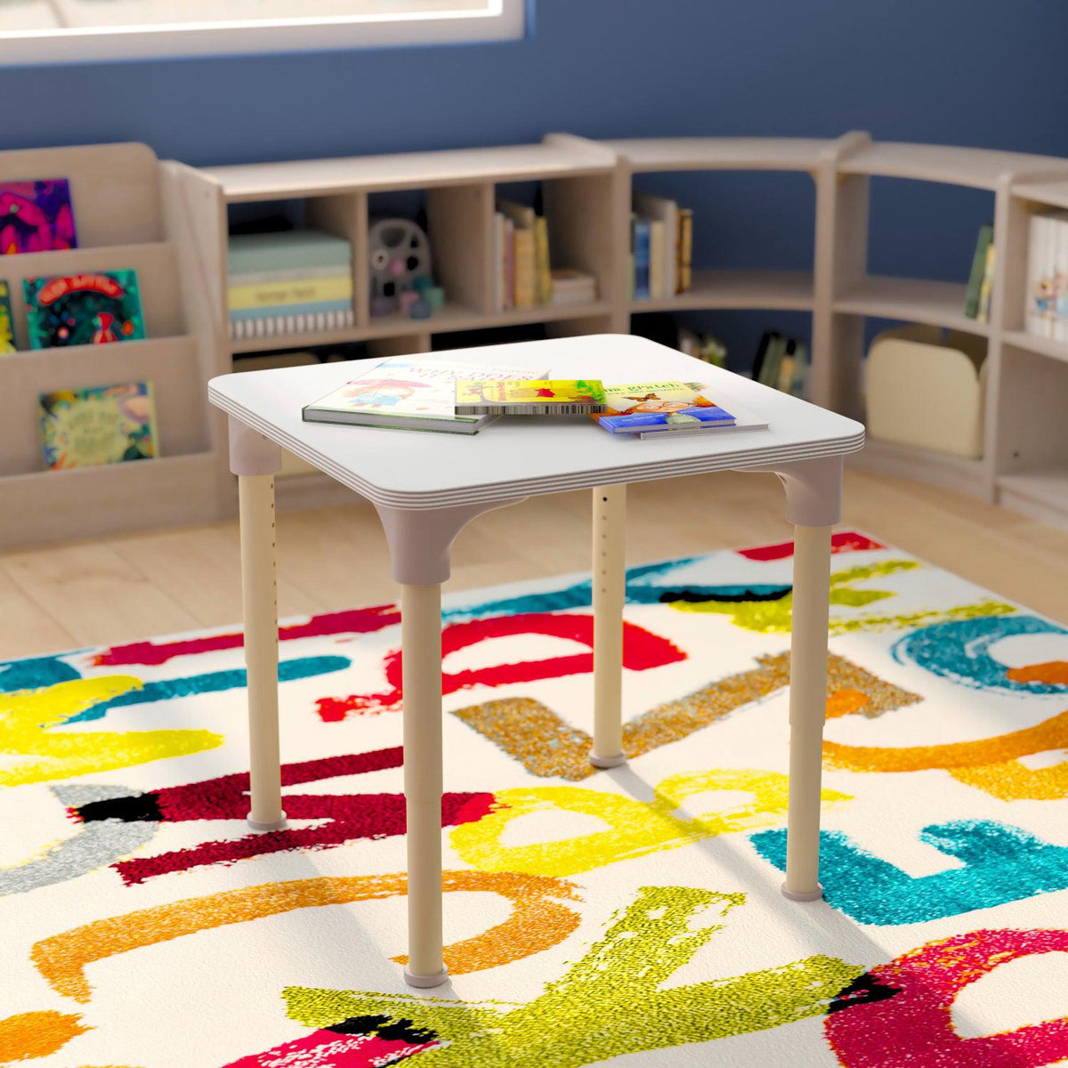 Bright Beginnings 24" Square Commercial Grade Wooden Adjustable Height Classroom Activity Table, 15"H - 23"H, Beech/White