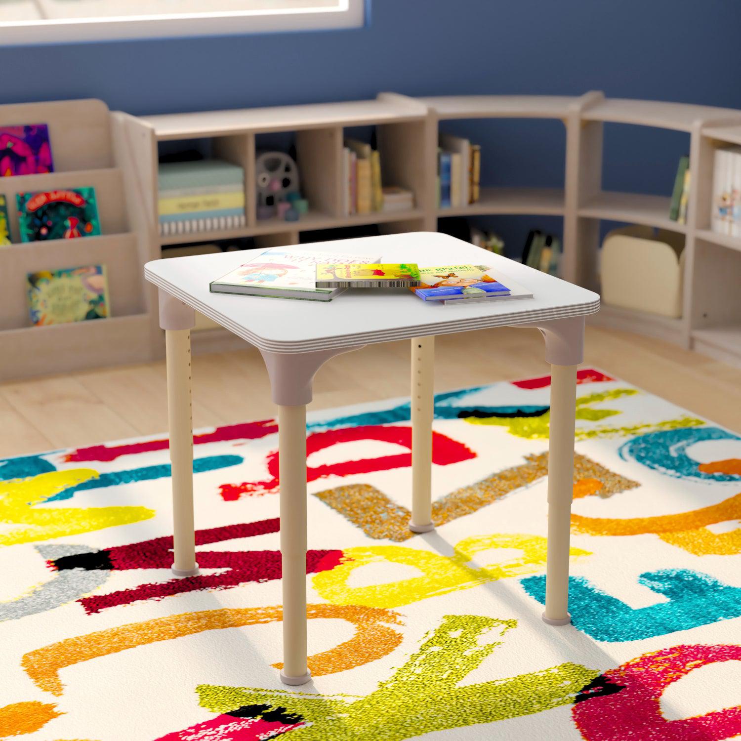 Bright Beginnings 24" Square Commercial Grade Wooden Adjustable Height Classroom Activity Table, 15"H - 23"H, Beech/White