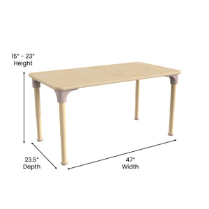 Bright Beginnings 23.5" x 47" Commercial Grade Wooden Rectangle Adjustable Height Classroom Activity Table, 15"H - 23"H, Beech