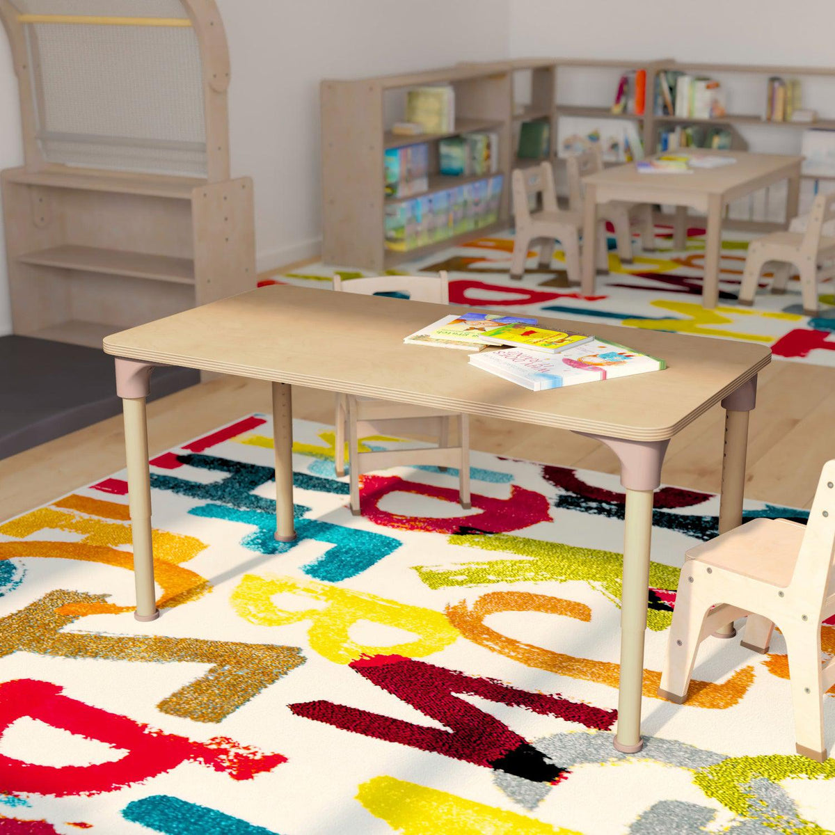 Bright Beginnings 23.5" x 47" Commercial Grade Wooden Rectangle Adjustable Height Classroom Activity Table, 15"H - 23"H, Beech