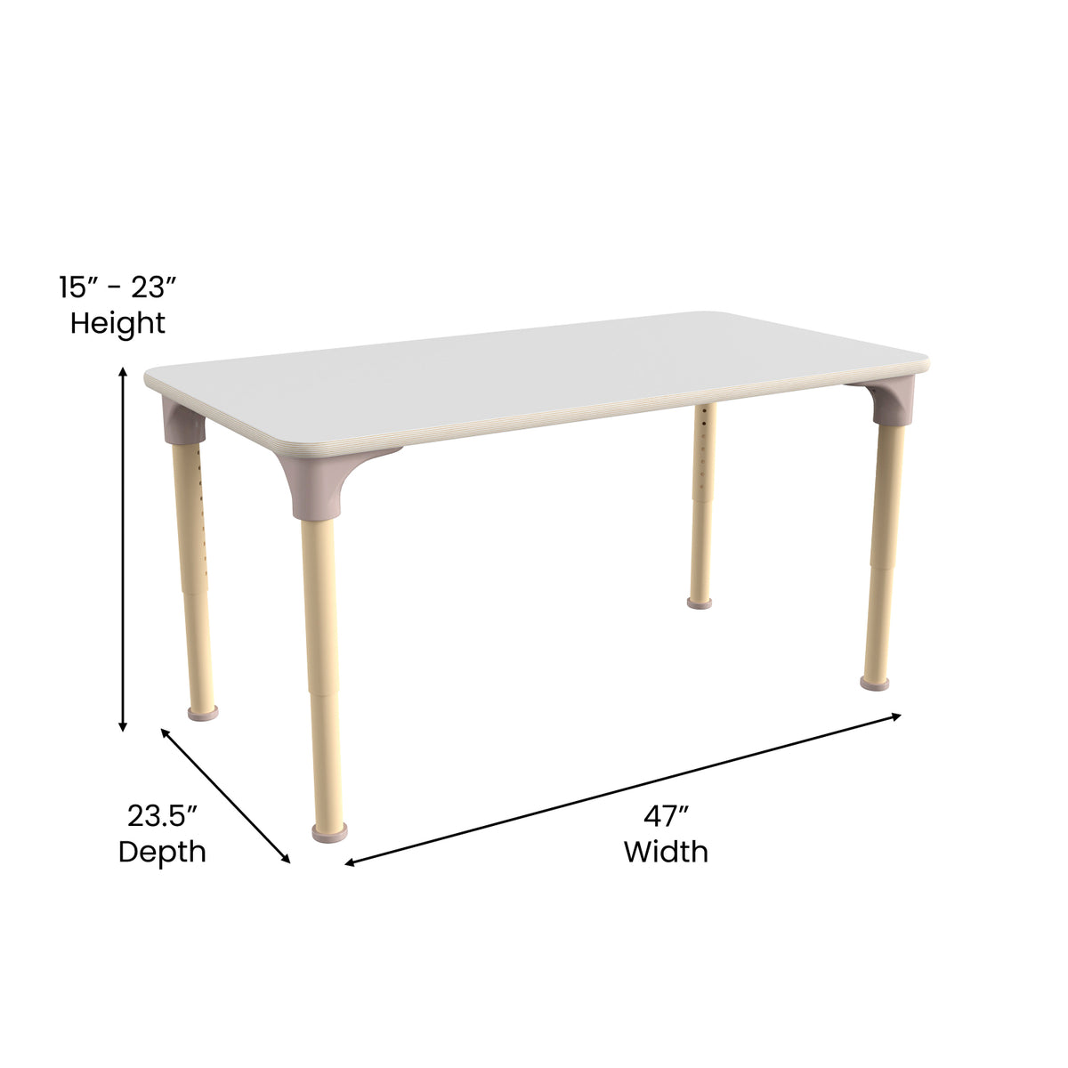 Bright Beginnings 23.5" x 47" Commercial Grade Wooden Rectangle Adjustable Height Classroom Activity Table, 15"H - 23"H, Beech/White
