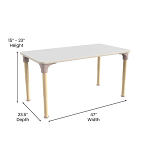 Bright Beginnings 23.5" x 47" Commercial Grade Wooden Rectangle Adjustable Height Classroom Activity Table, 15"H - 23"H, Beech/White