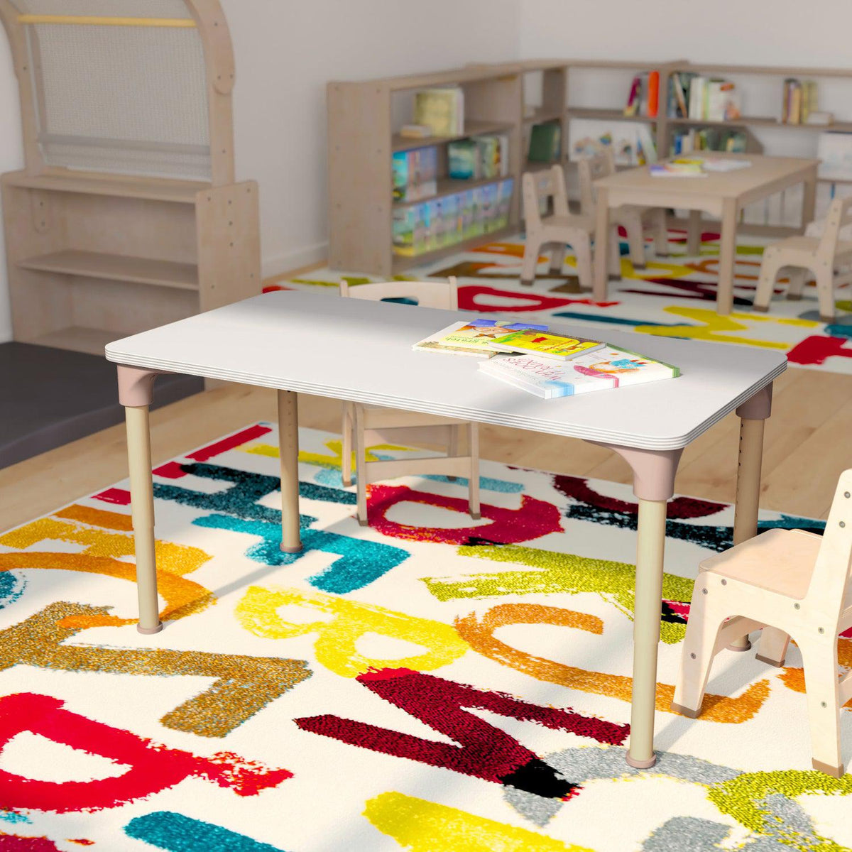 Bright Beginnings 23.5" x 47" Commercial Grade Wooden Rectangle Adjustable Height Classroom Activity Table, 15"H - 23"H, Beech/White