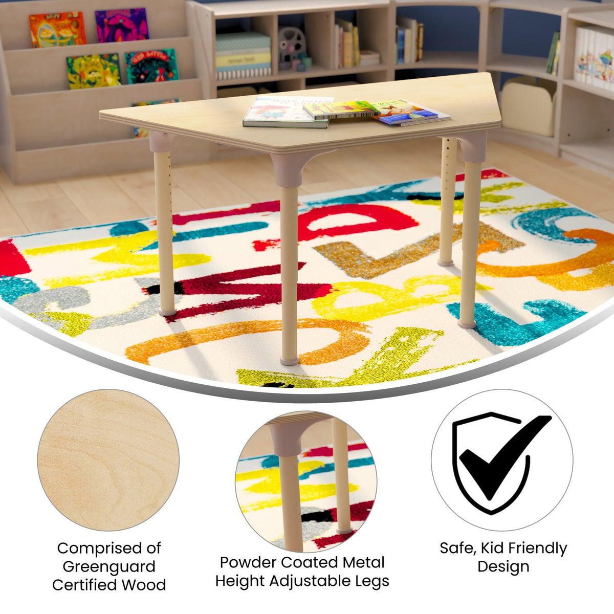 Bright Beginnings 47" Commercial Grade Wooden Trapezoid Adjustable Height Classroom Activity Table, 15"H - 23"H, Beech