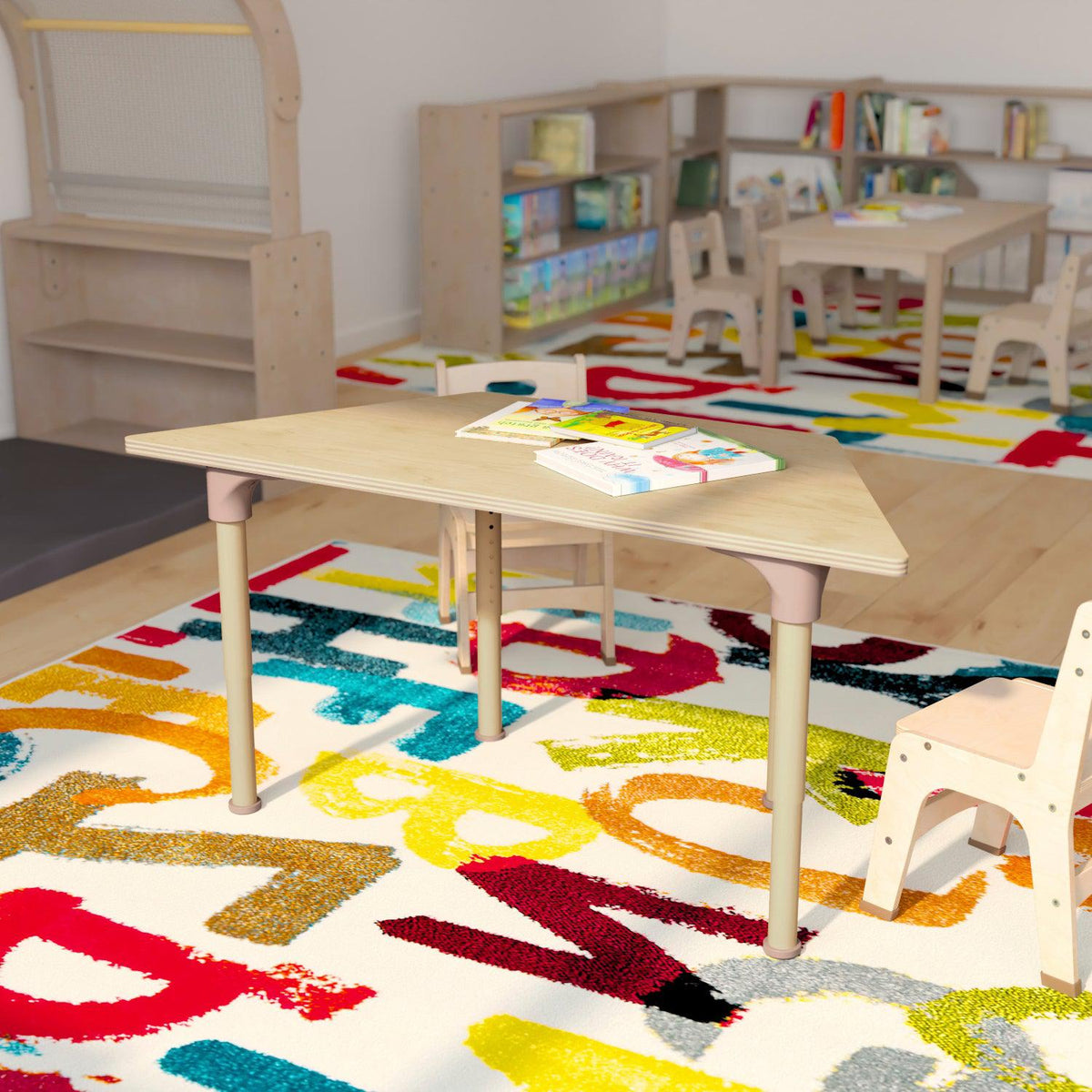 Bright Beginnings 47" Commercial Grade Wooden Trapezoid Adjustable Height Classroom Activity Table, 15"H - 23"H, Beech