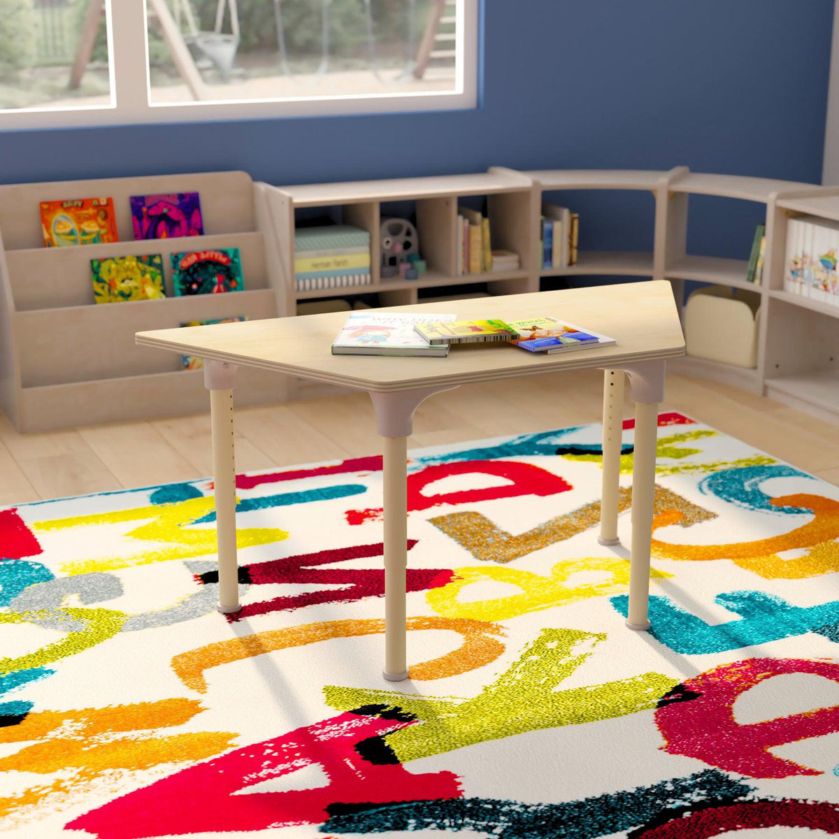 Bright Beginnings 47" Commercial Grade Wooden Trapezoid Adjustable Height Classroom Activity Table, 15"H - 23"H, Beech