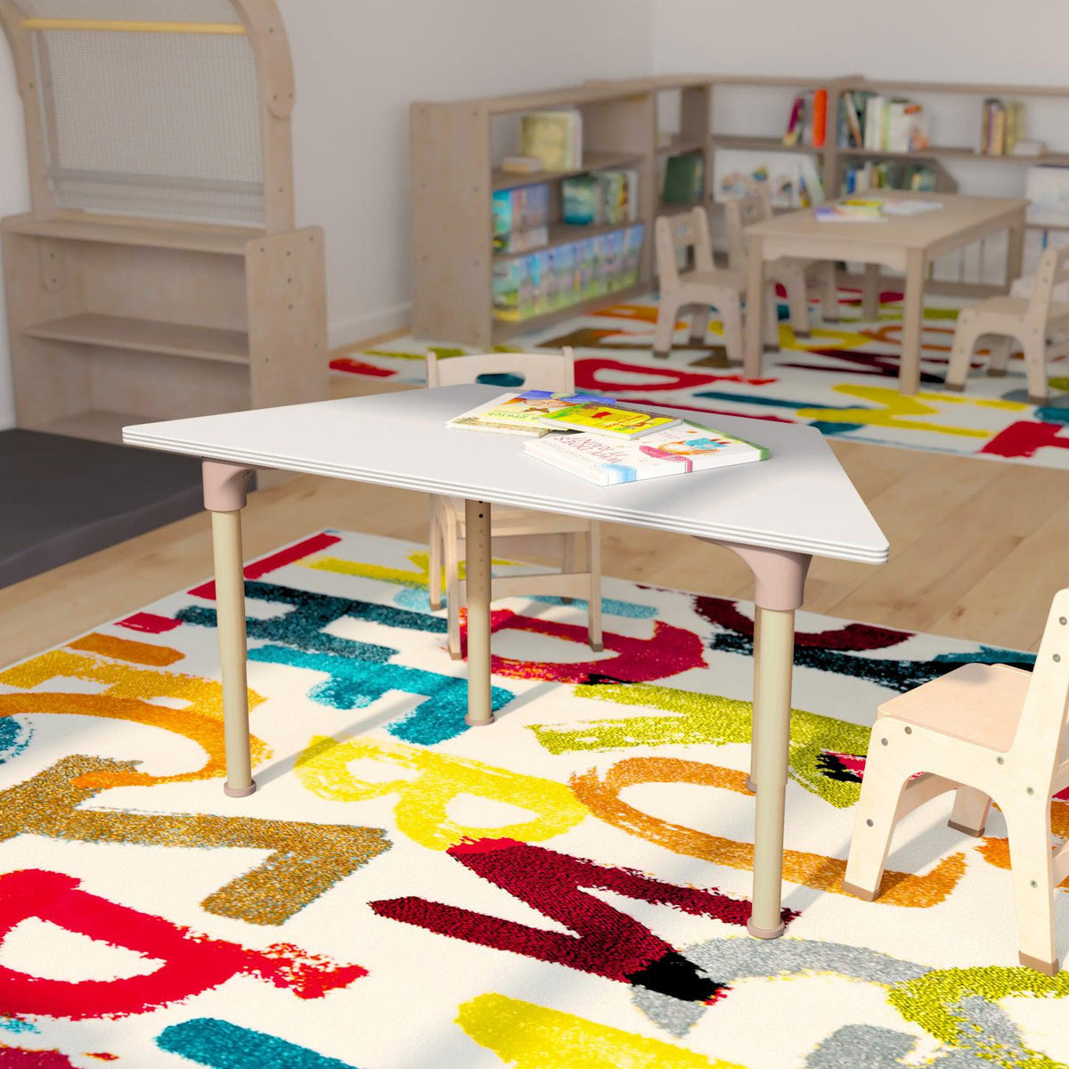 Bright Beginnings 47" Commercial Grade Wooden Trapezoid Adjustable Height Classroom Activity Table, 15"H - 23"H, Beech/White