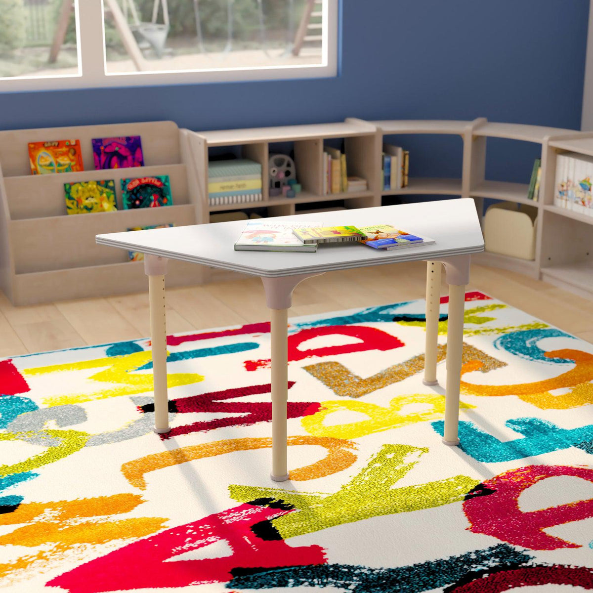 Bright Beginnings 47" Commercial Grade Wooden Trapezoid Adjustable Height Classroom Activity Table, 15"H - 23"H, Beech/White