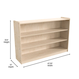 Bright Beginnings Commercial Grade Extra Wide 3 Shelf Wooden Classroom Open Storage Unit, Natural Finish