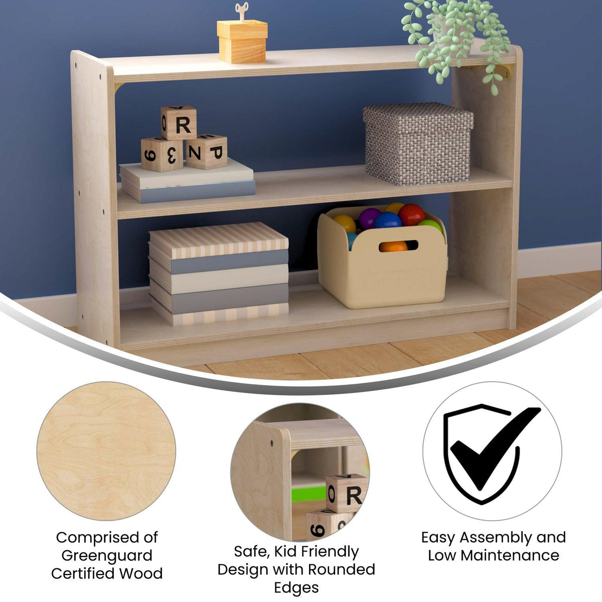 Bright Beginnings Commercial Grade Extra Wide 2 Shelf Wooden Classroom Open Storage Unit, Natural Finish