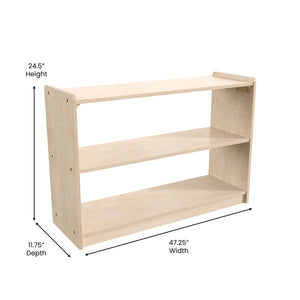 Bright Beginnings Commercial Grade Extra Wide 2 Shelf Wooden Classroom Open Storage Unit, Natural Finish