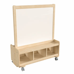 Bright Beginnings Commercial Grade Wooden Mobile Dual Sided 2 Person Art Station with Bottom Cubby Storage, Natural Finish