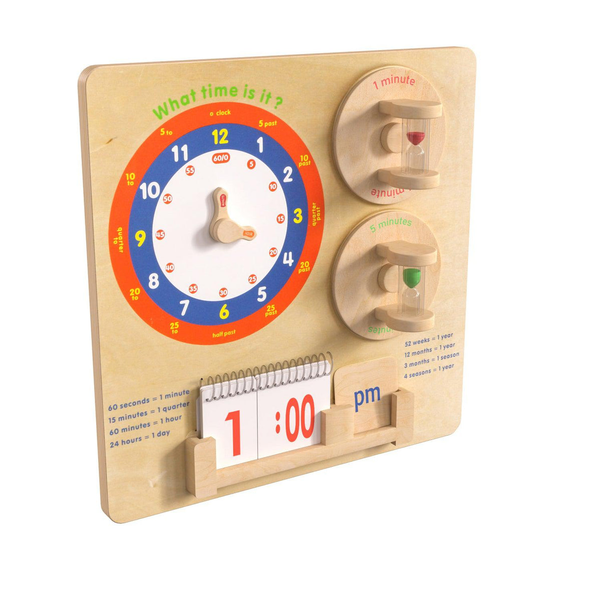 Bright Beginnings Commercial Grade STEAM Wall Activity Board with Natural Finish and Multicolor Accents, Telling Time