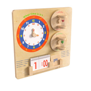 Bright Beginnings Commercial Grade STEAM Wall Activity Board with Natural Finish and Multicolor Accents, Telling Time