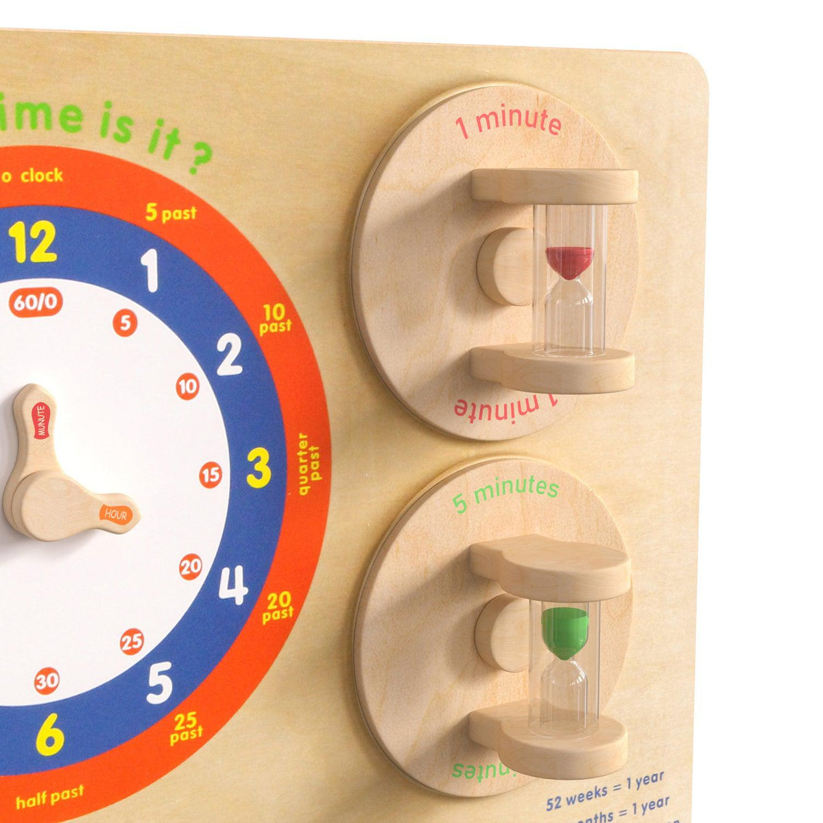 Bright Beginnings Commercial Grade STEAM Wall Activity Board with Natural Finish and Multicolor Accents, Telling Time