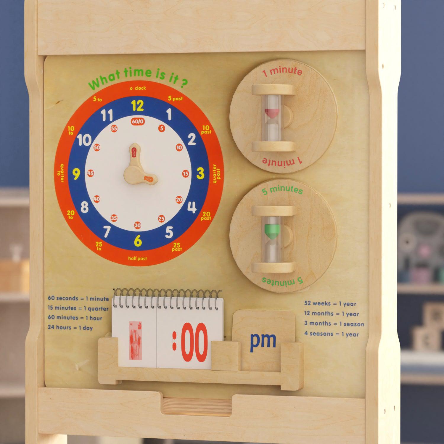 Bright Beginnings Commercial Grade STEAM Wall Activity Board with Natural Finish and Multicolor Accents, Telling Time