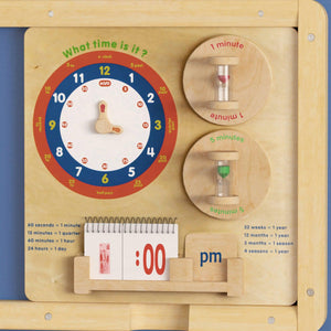 Bright Beginnings Commercial Grade STEAM Wall Activity Board with Natural Finish and Multicolor Accents, Telling Time
