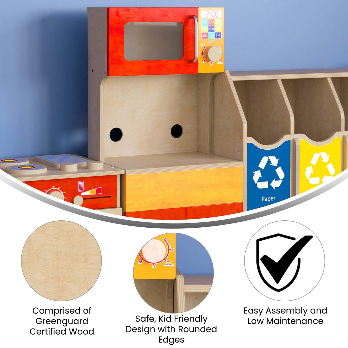 Bright Beginnings Commercial Grade Wooden Children's Kitchen Cabinet with Microwave