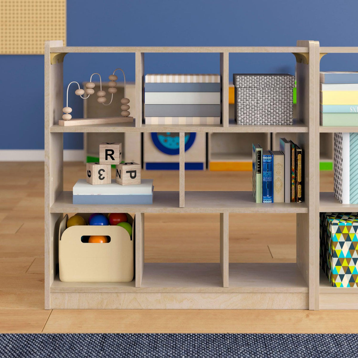 Bright Beginnings Commercial Grade 8 Section Modular Wooden Classroom Open Storage Unit, Natural Finish