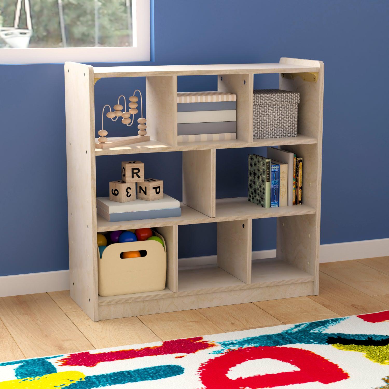 Bright Beginnings Commercial Grade 8 Section Modular Wooden Classroom Open Storage Unit, Natural Finish