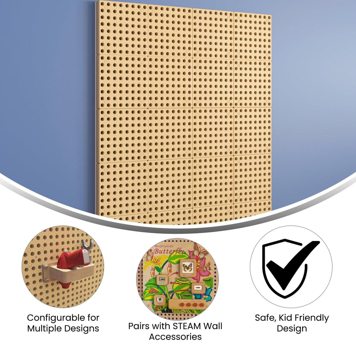 Bright Beginnings Commercial Grade Multipurpose Modular STEAM Wall Peg System Panel, 31.5"L x 47.2"H, Natural Finish