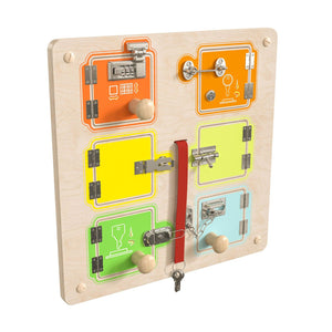Bright Beginnings Commercial Grade STEAM Wall Activity Board with Natural Finish and Multicolor Accents, Locks and Buckles