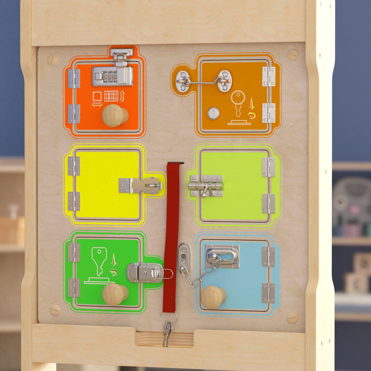 Bright Beginnings Commercial Grade STEAM Wall Activity Board with Natural Finish and Multicolor Accents, Locks and Buckles