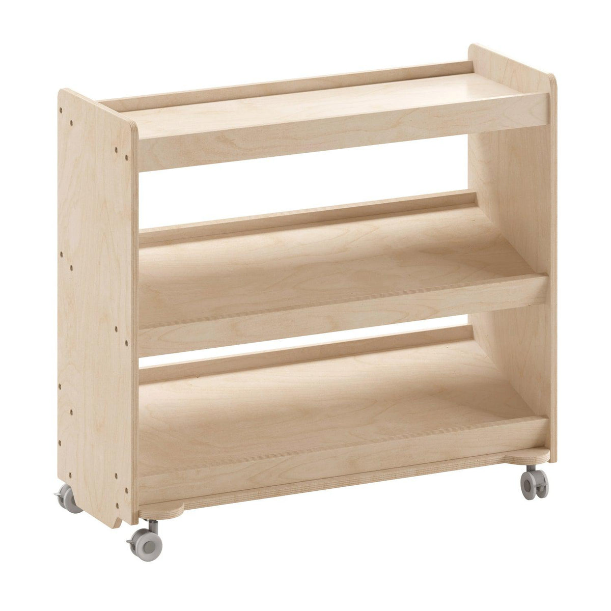 Bright Beginnings Commercial Space Saving Wooden Mobile Classroom Storage Cart with 3 Angled Shelves, Natural Finish