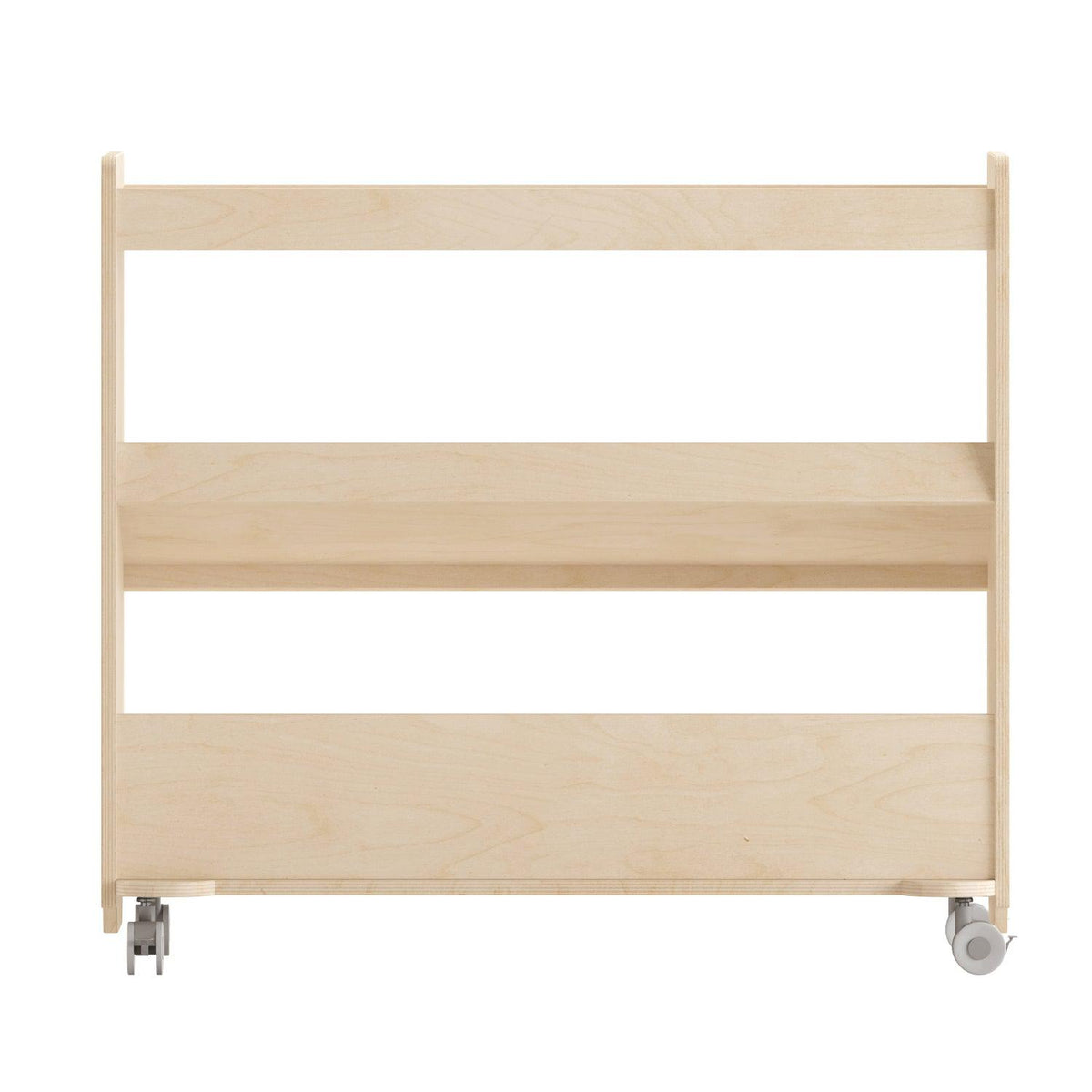 Bright Beginnings Commercial Space Saving Wooden Mobile Classroom Storage Cart with 3 Angled Shelves, Natural Finish