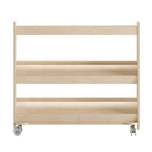 Bright Beginnings Commercial Space Saving Wooden Mobile Classroom Storage Cart with 3 Angled Shelves, Natural Finish