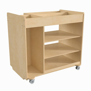 Bright Beginnings Commercial Grade Wooden Mobile Storage Cart with Space Saving Vertical and Horizontal Storage Compartments, Natural Finish