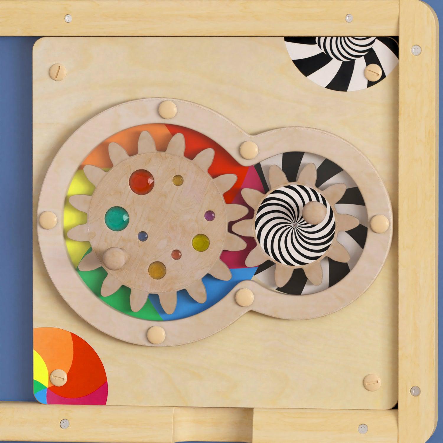 Bright Beginnings Commercial Grade STEAM Wall Activity Board with Natural Finish and Multicolor Accents, Turning Gears
