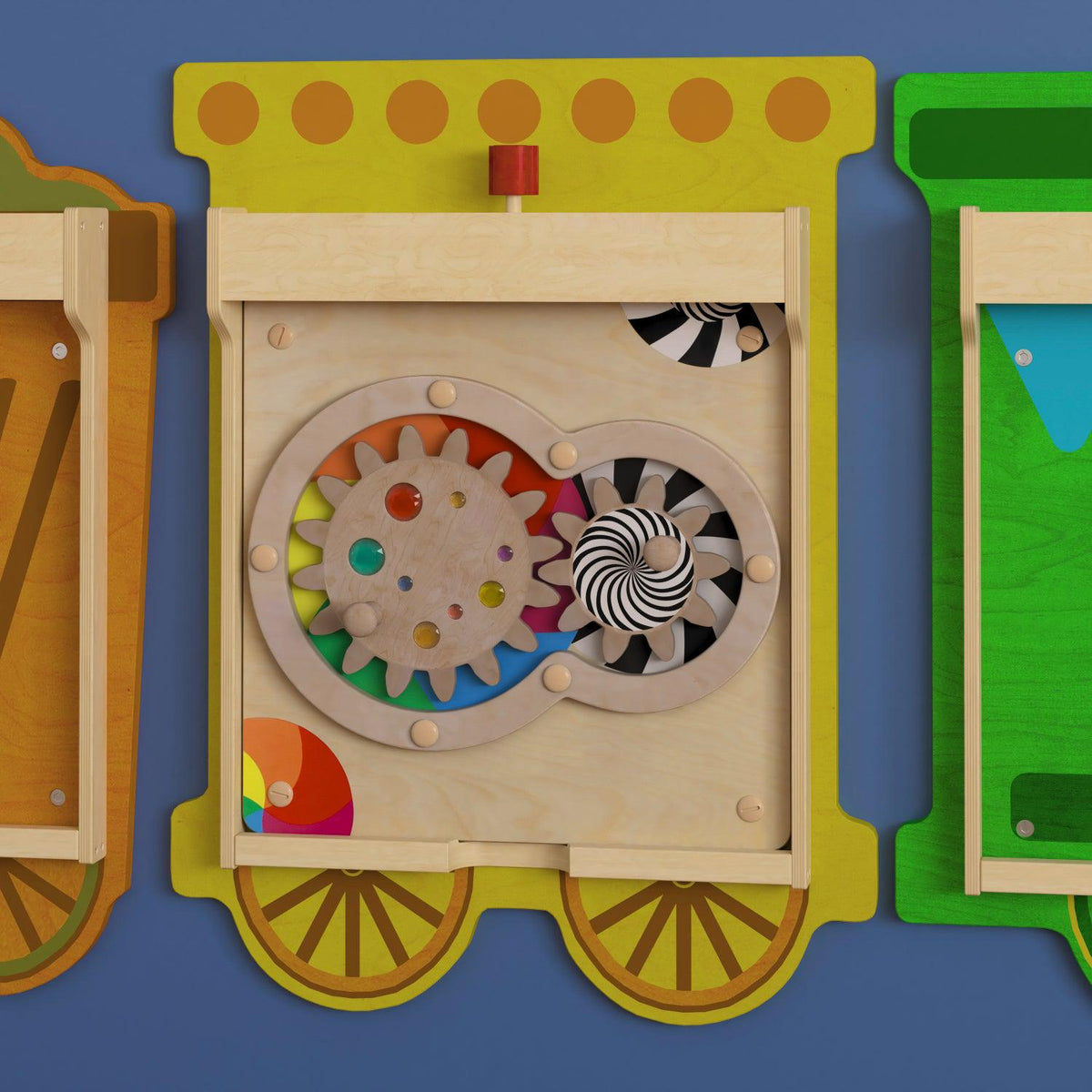 Bright Beginnings Commercial Grade STEAM Wall Activity Board with Natural Finish and Multicolor Accents, Turning Gears