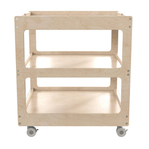 Bright Beginnings Commercial Grade 3 Shelf Square Space Saving Wooden Mobile Classroom Storage Cart, Natural Finish
