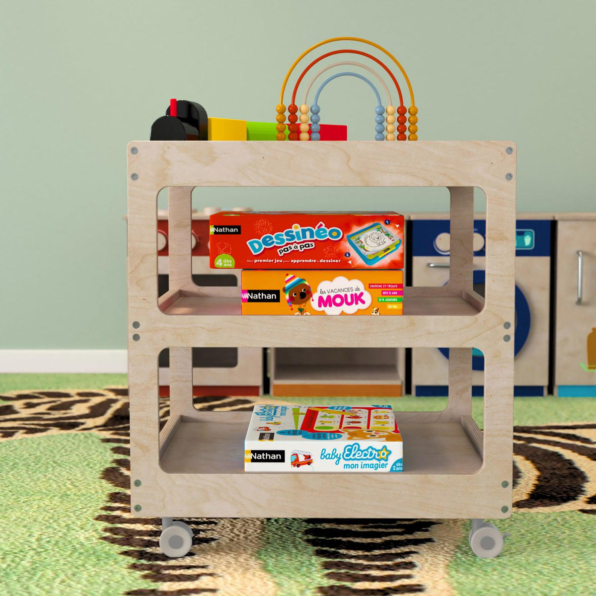 Bright Beginnings Commercial Grade 3 Shelf Square Space Saving Wooden Mobile Classroom Storage Cart, Natural Finish