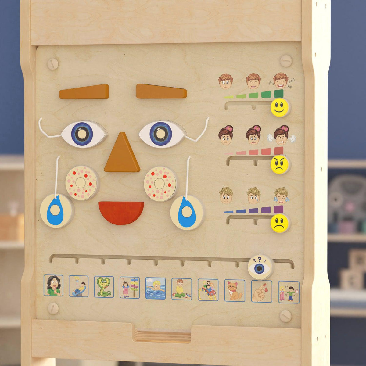 Bright Beginnings Commercial Grade STEAM Wall Activity Board with Natural Finish and Multicolor Accents, Feelings and Moods