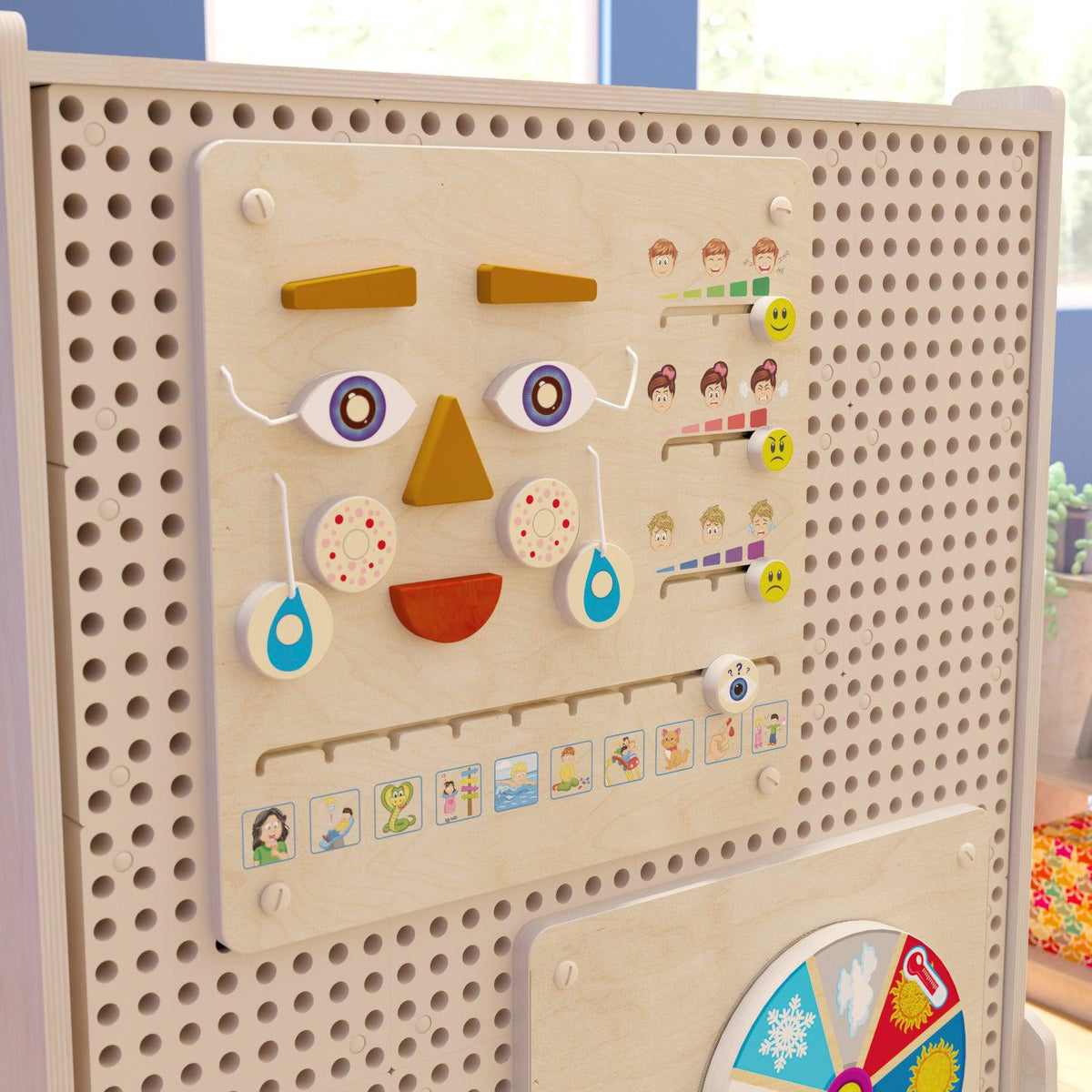 Bright Beginnings Commercial Grade STEAM Wall Activity Board with Natural Finish and Multicolor Accents, Feelings and Moods