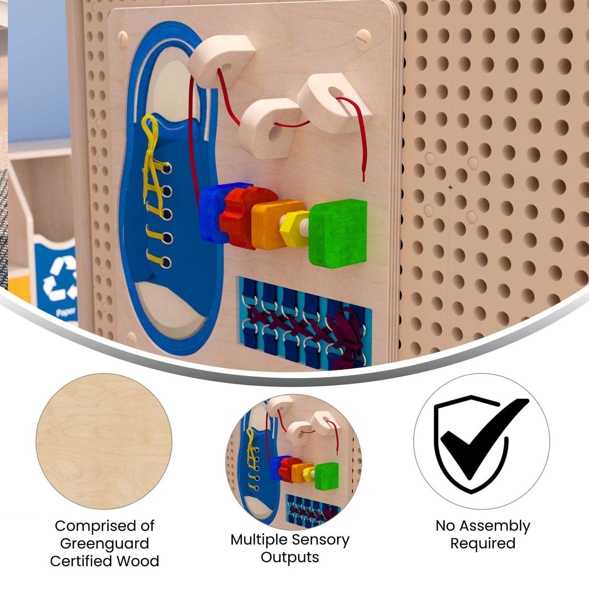 Bright Beginnings Commercial Grade STEAM Wall Activity Board with Natural Finish and Multicolor Accents, Tie It-Turn It
