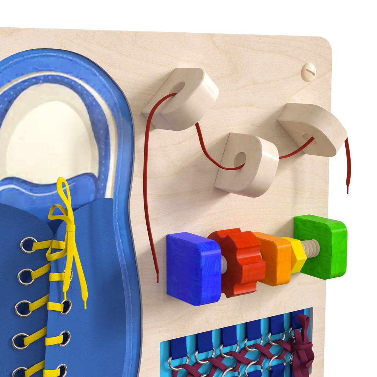 Bright Beginnings Commercial Grade STEAM Wall Activity Board with Natural Finish and Multicolor Accents, Tie It-Turn It