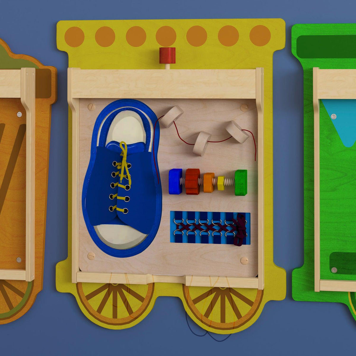 Bright Beginnings Commercial Grade STEAM Wall Activity Board with Natural Finish and Multicolor Accents, Tie It-Turn It