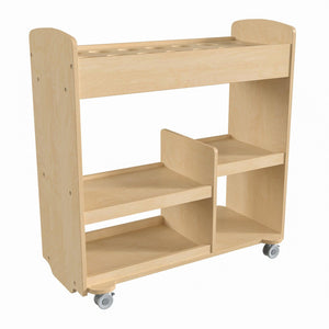 Bright Beginnings Commercial Grade Wood Double Sided Mobile Storage Cart, 14 Round Storage Compartments, 4 Storage Shelves, Natural Finish