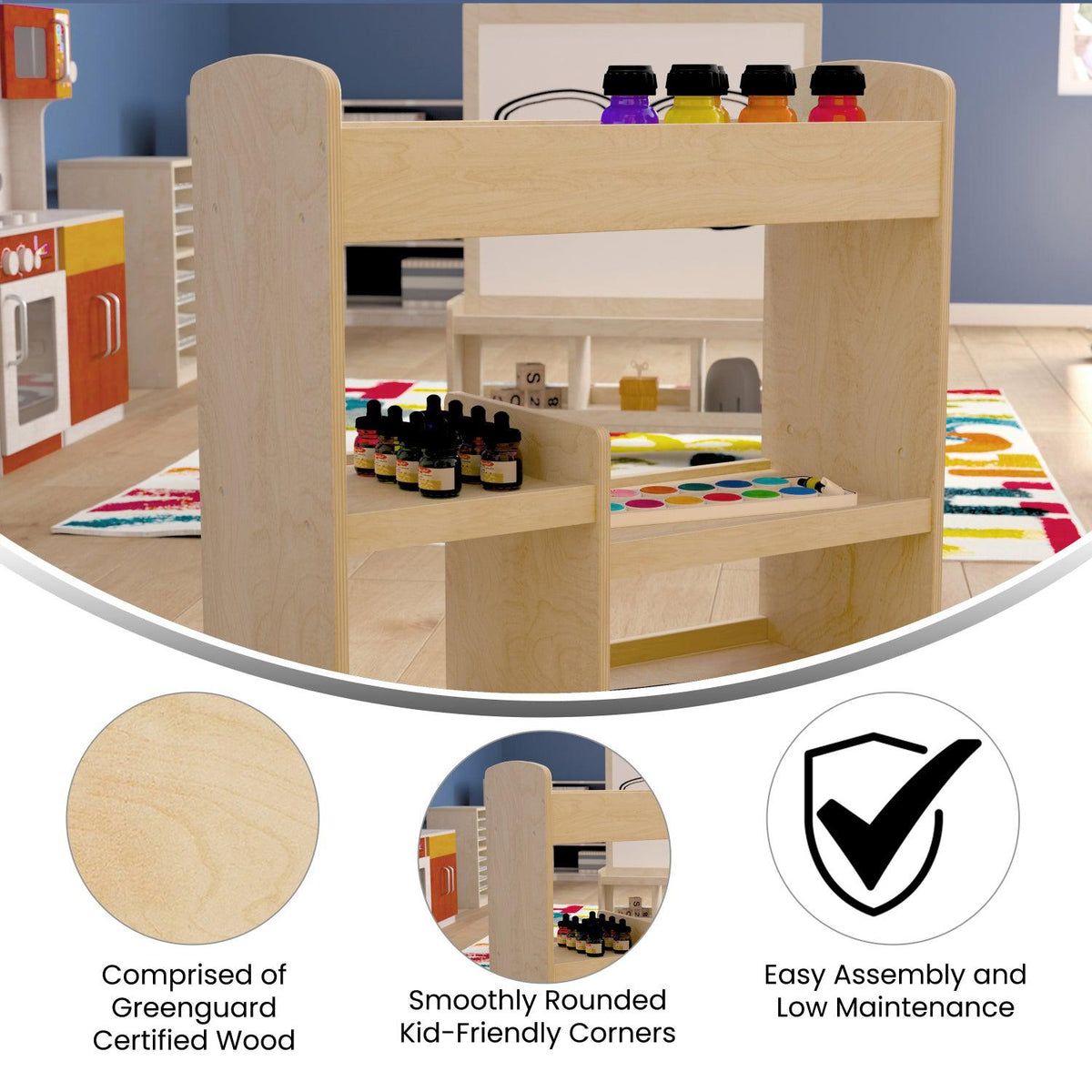 Bright Beginnings Commercial Grade Wood Double Sided Mobile Storage Cart, 14 Round Storage Compartments, 4 Storage Shelves, Natural Finish