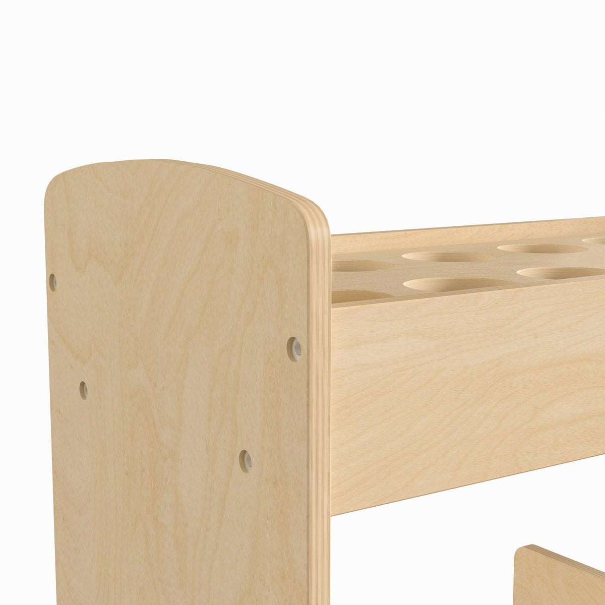 Bright Beginnings Commercial Grade Wood Double Sided Mobile Storage Cart, 14 Round Storage Compartments, 4 Storage Shelves, Natural Finish